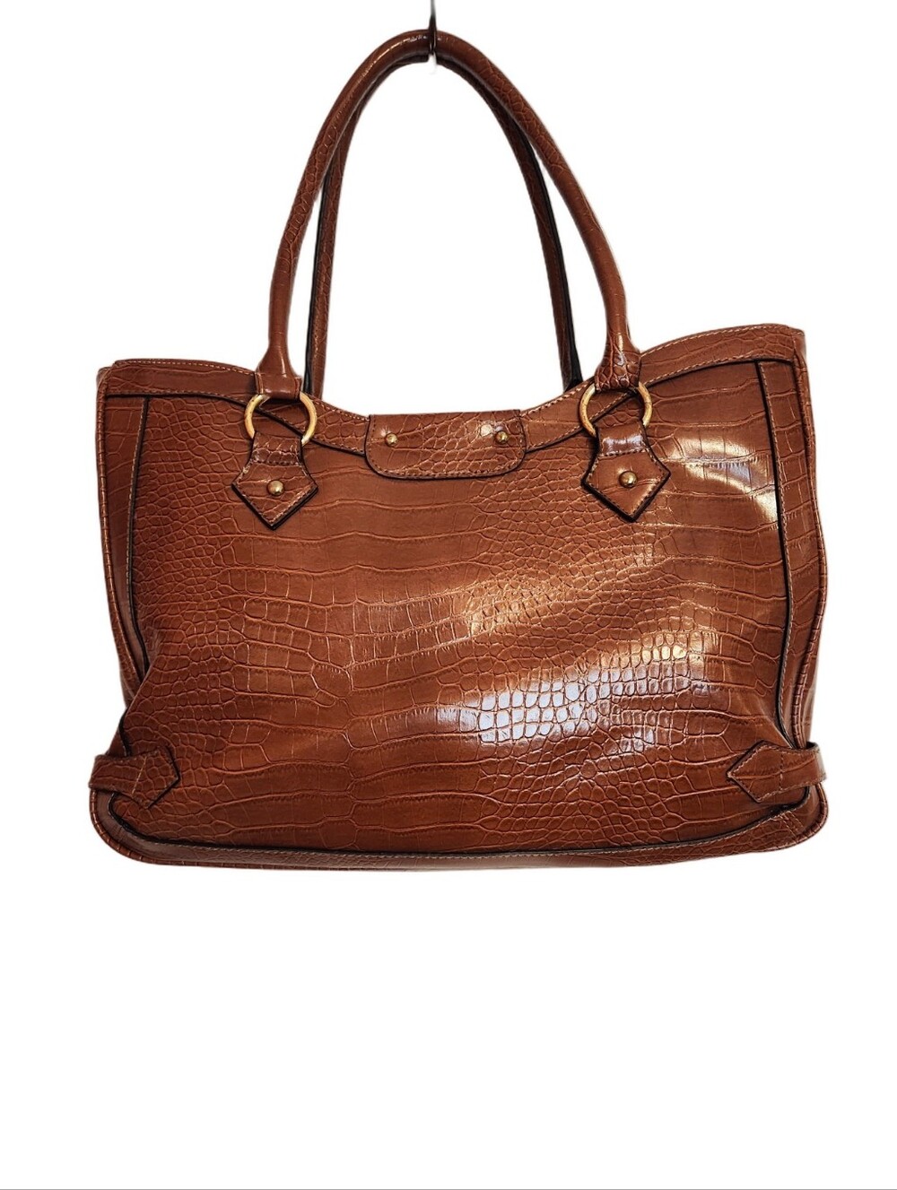 Merona Brown Croc Faux Leather Double Handle Laptop Tote Bag - Picture 4 of 11